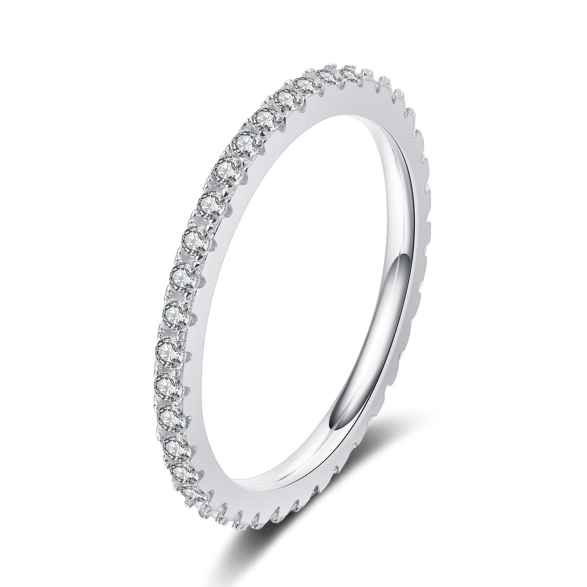 Moissanite Eternity Band Ring in Rhodium-Plated S925 Sterling Silver clean white background product photo showing the ring silhouette and moissanite setting