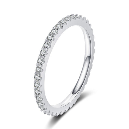Moissanite Eternity Band Ring in Rhodium-Plated S925 Sterling Silver clean white background product photo showing the ring silhouette and moissanite setting