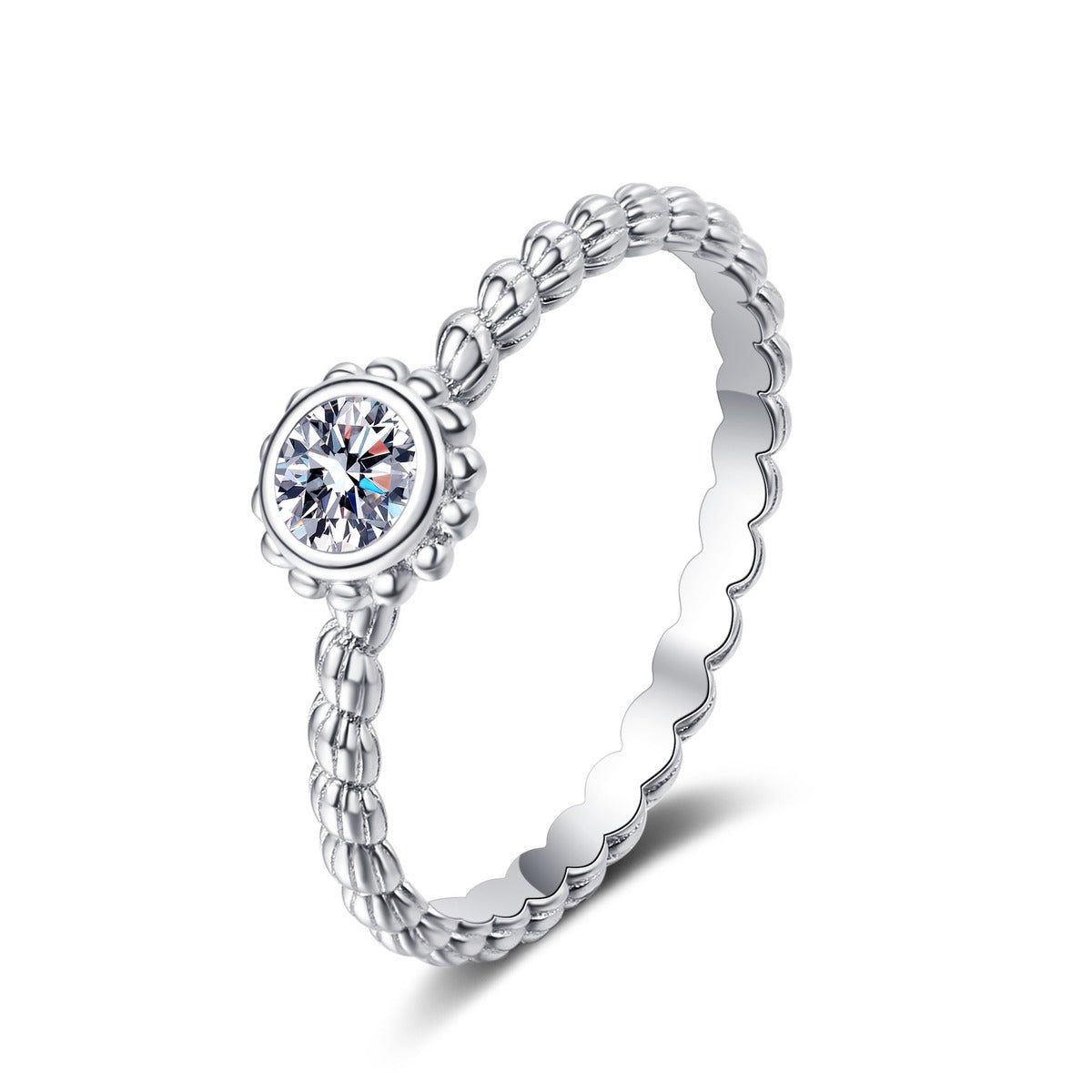 Bezel Moissanite Band Ring in Rhodium-Plated S925 Sterling Silver clean white background product photo showing the ring silhouette and moissanite setting