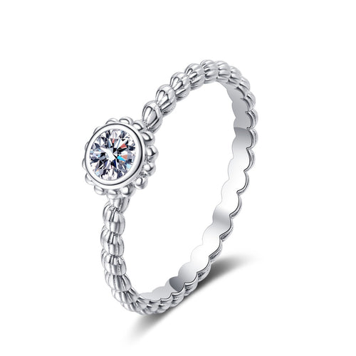 Bezel Moissanite Band Ring in Rhodium-Plated S925 Sterling Silver clean white background product photo showing the ring silhouette and moissanite setting