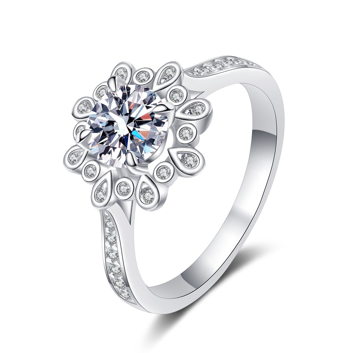 Round Floral Halo Moissanite Ring with CZ in rhodium-plated S925 sterling silver on clean white background