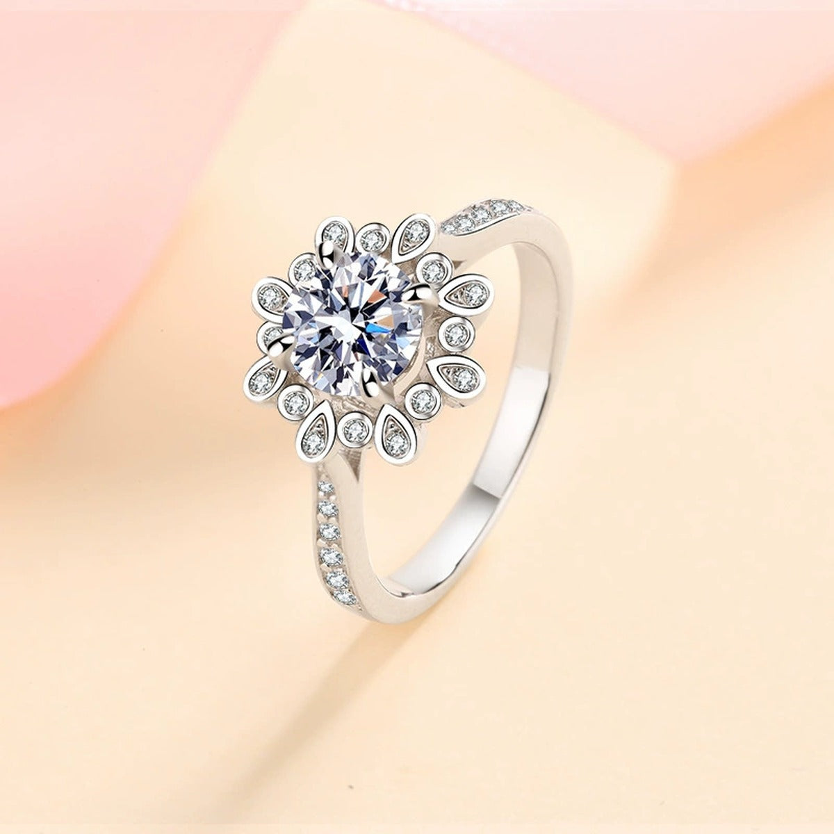 Round Floral Halo Moissanite Ring with CZ product view showing moissanite setting and metal finish