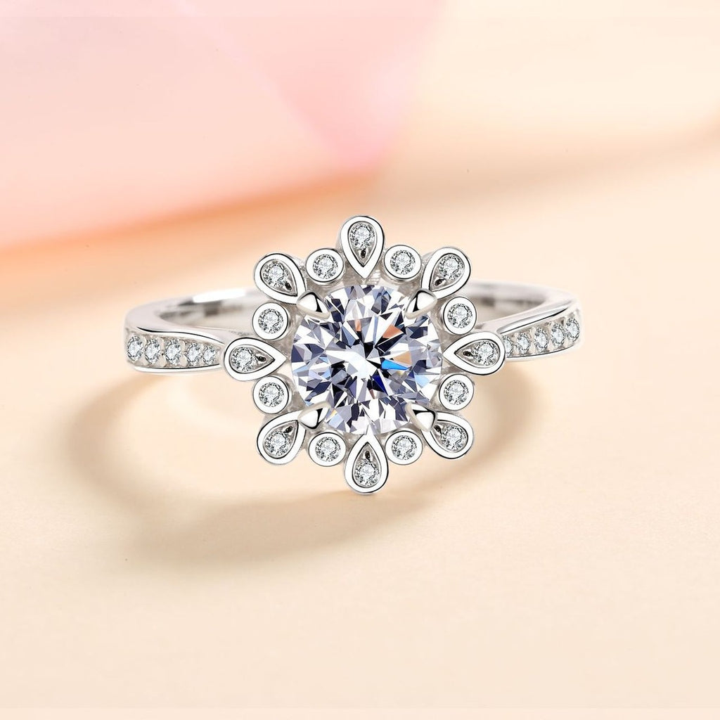 Round Floral Halo Moissanite Ring with CZ product view showing moissanite setting and metal finish