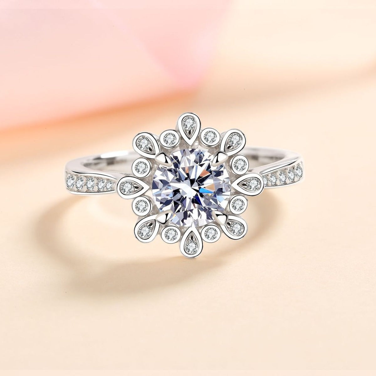 Round Floral Halo Moissanite Ring with CZ product view showing moissanite setting and metal finish