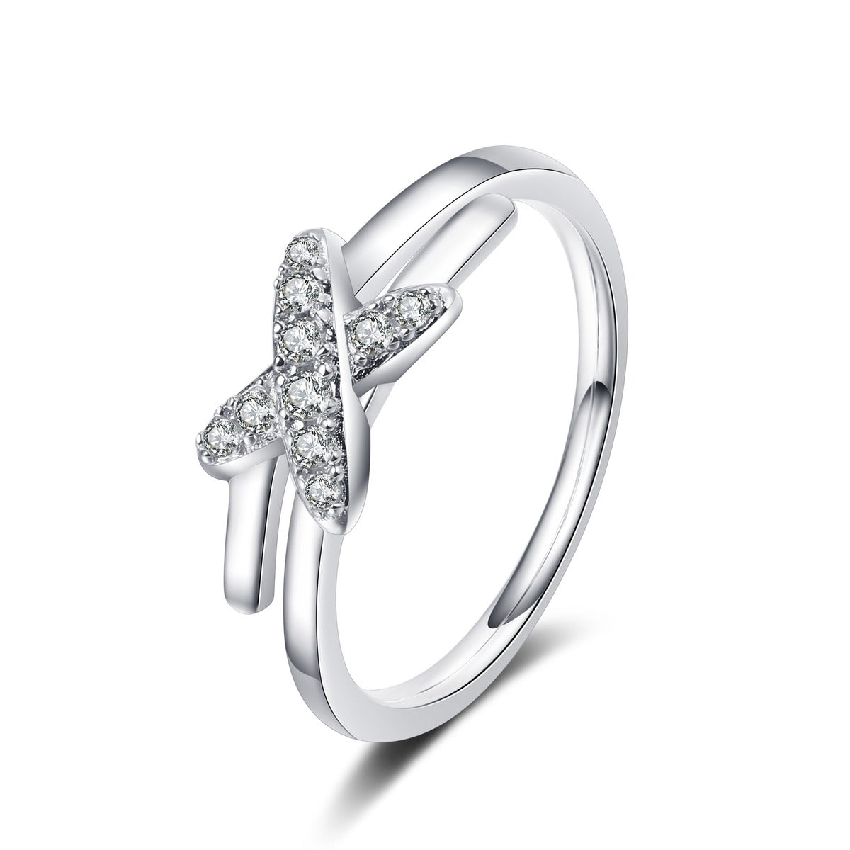 Round Moissanite X Ring in rhodium-plated S925 sterling silver on clean white background