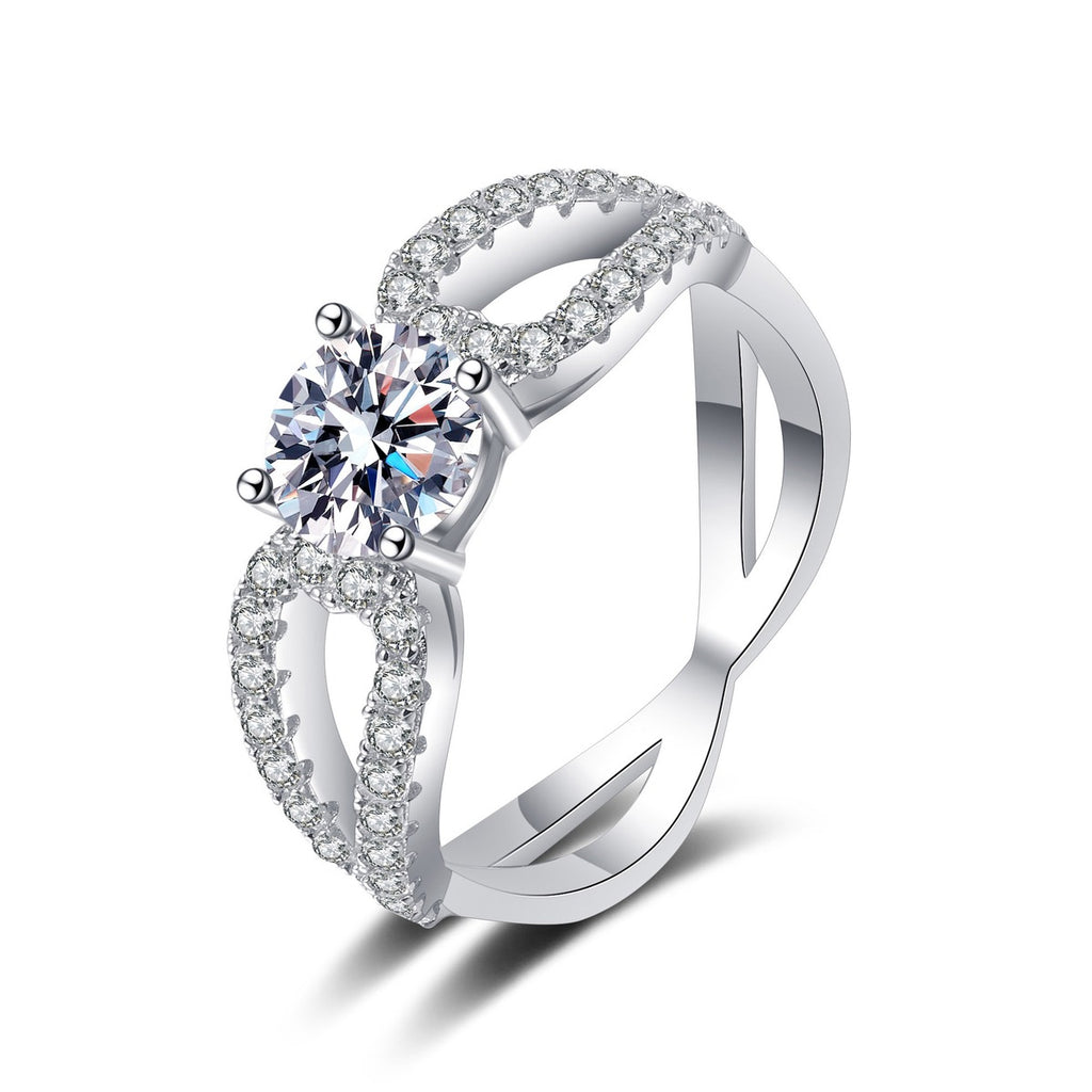 Round Moissanite Side Stone Engagement Ring with CZ in rhodium-plated S925 sterling silver on clean white background