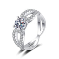 Round Moissanite Side Stone Engagement Ring with CZ in rhodium-plated S925 sterling silver on clean white background