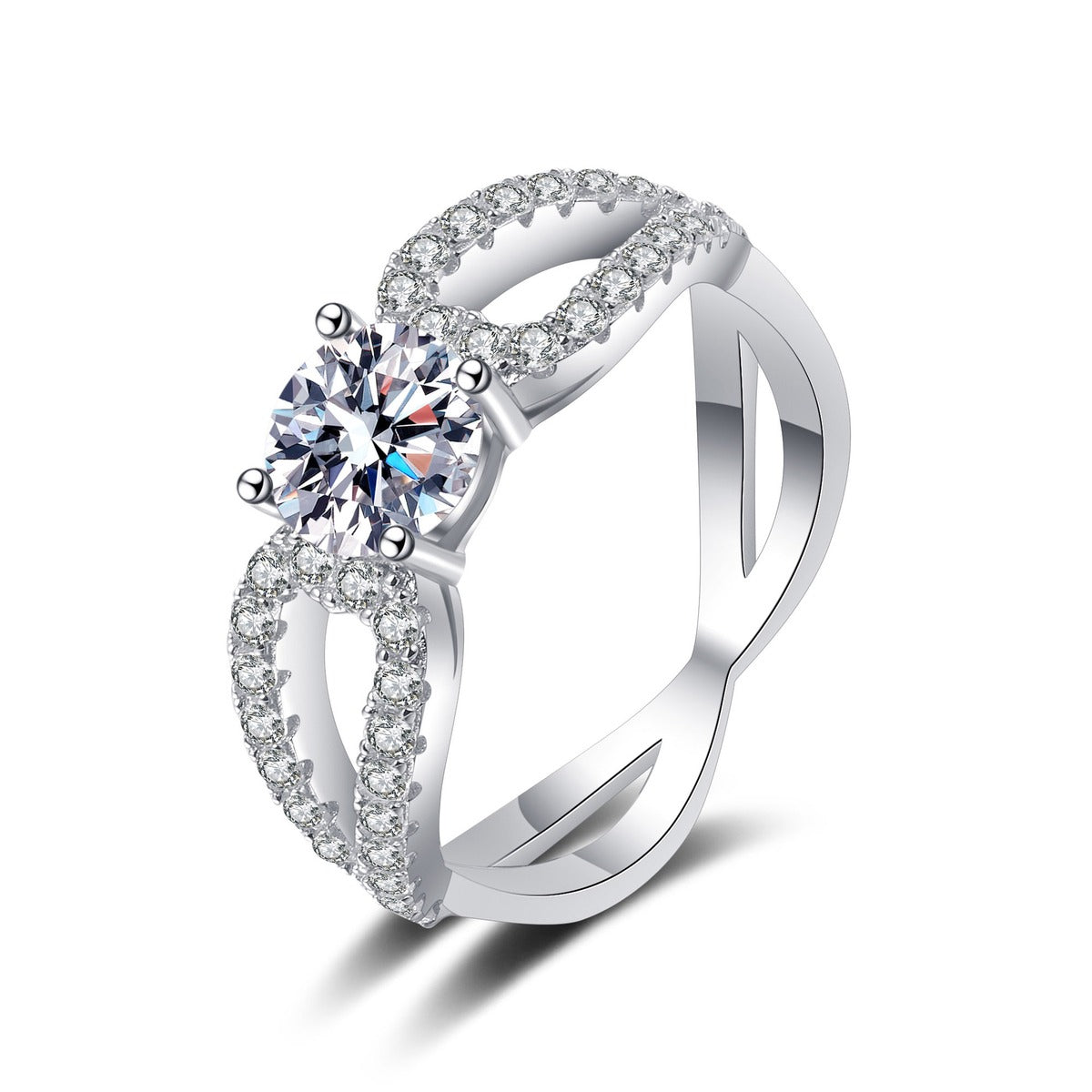 Round Moissanite Side Stone Engagement Ring with CZ in rhodium-plated S925 sterling silver on clean white background