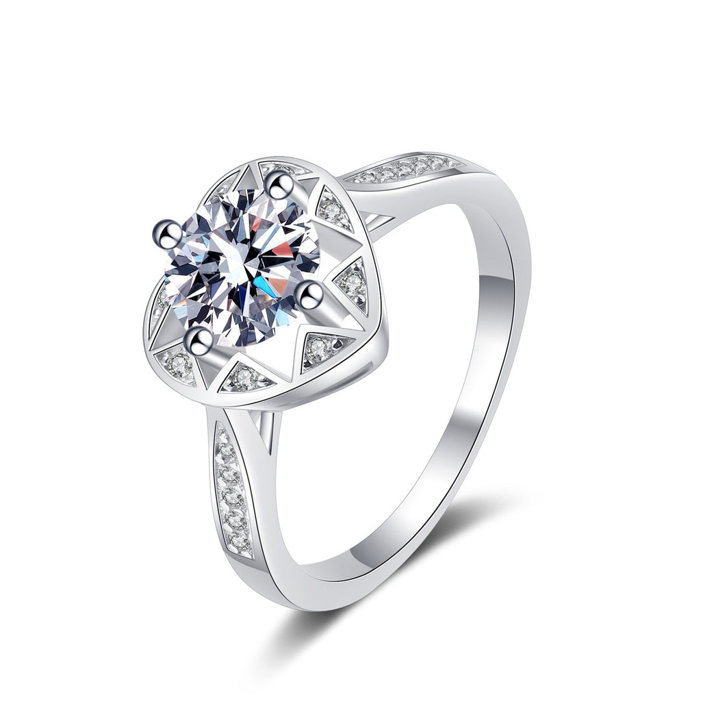 Round Heart Halo Moissanite Ring with CZ in rhodium-plated S925 sterling silver on clean white background
