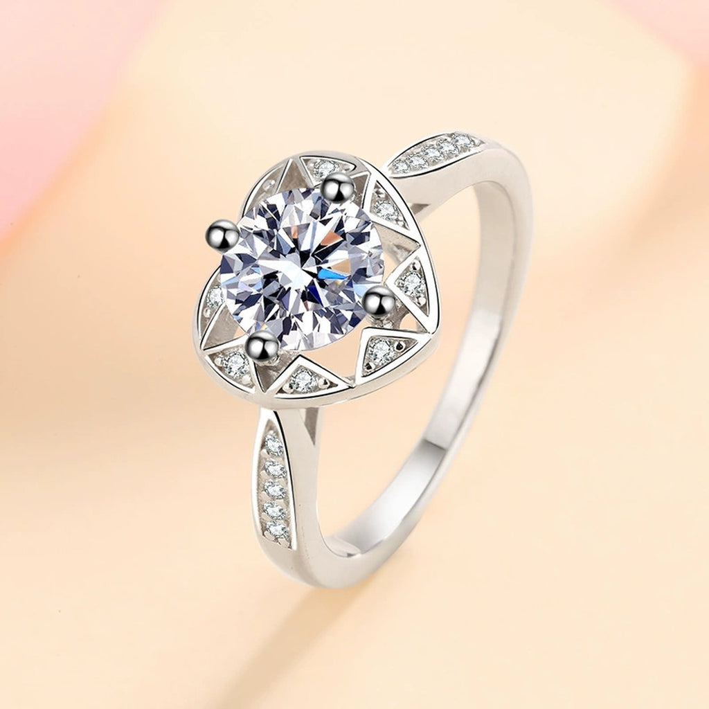 Round Heart Halo Moissanite Ring with CZ product view showing moissanite setting and metal finish