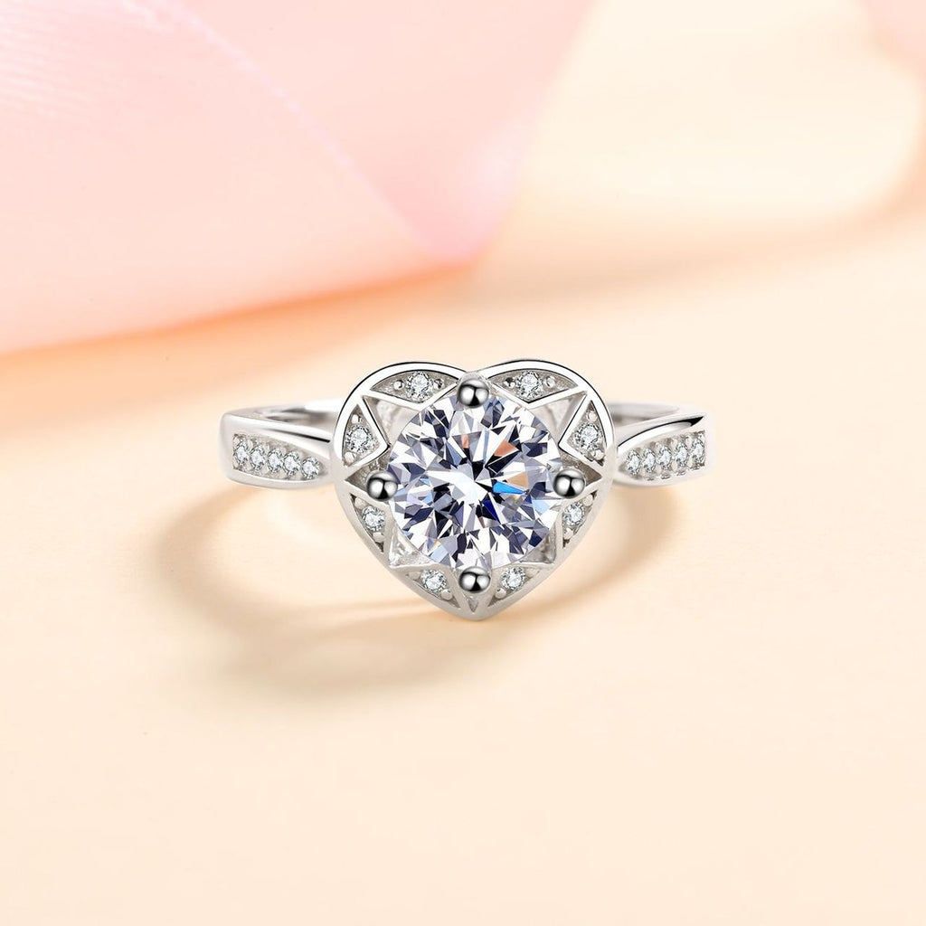 Round Heart Halo Moissanite Ring with CZ product view showing moissanite setting and metal finish