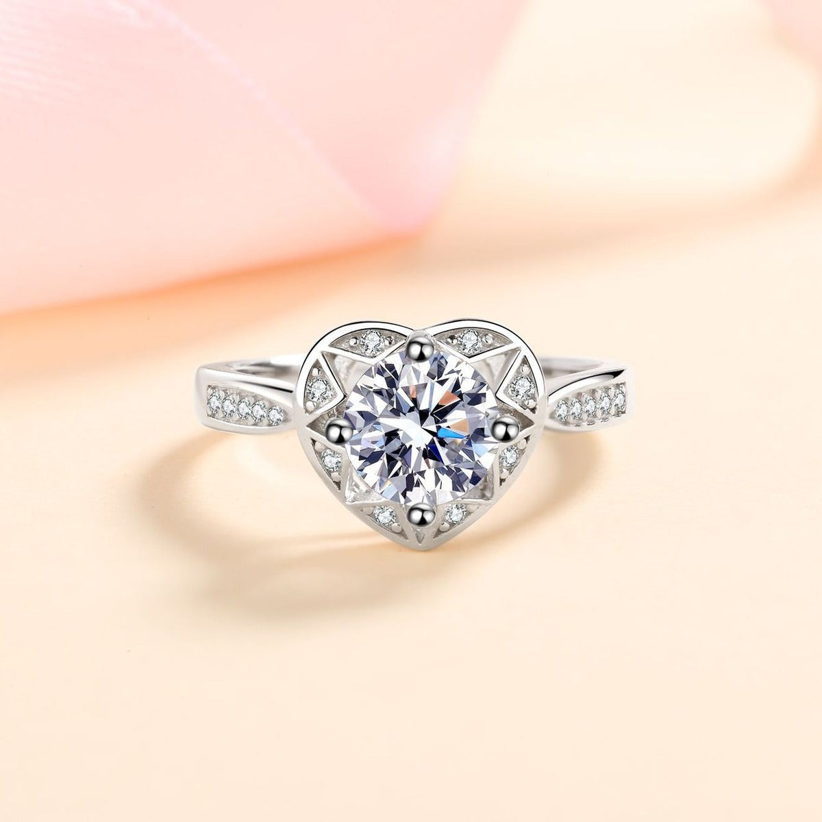 Round Heart Halo Moissanite Ring with CZ product view showing moissanite setting and metal finish