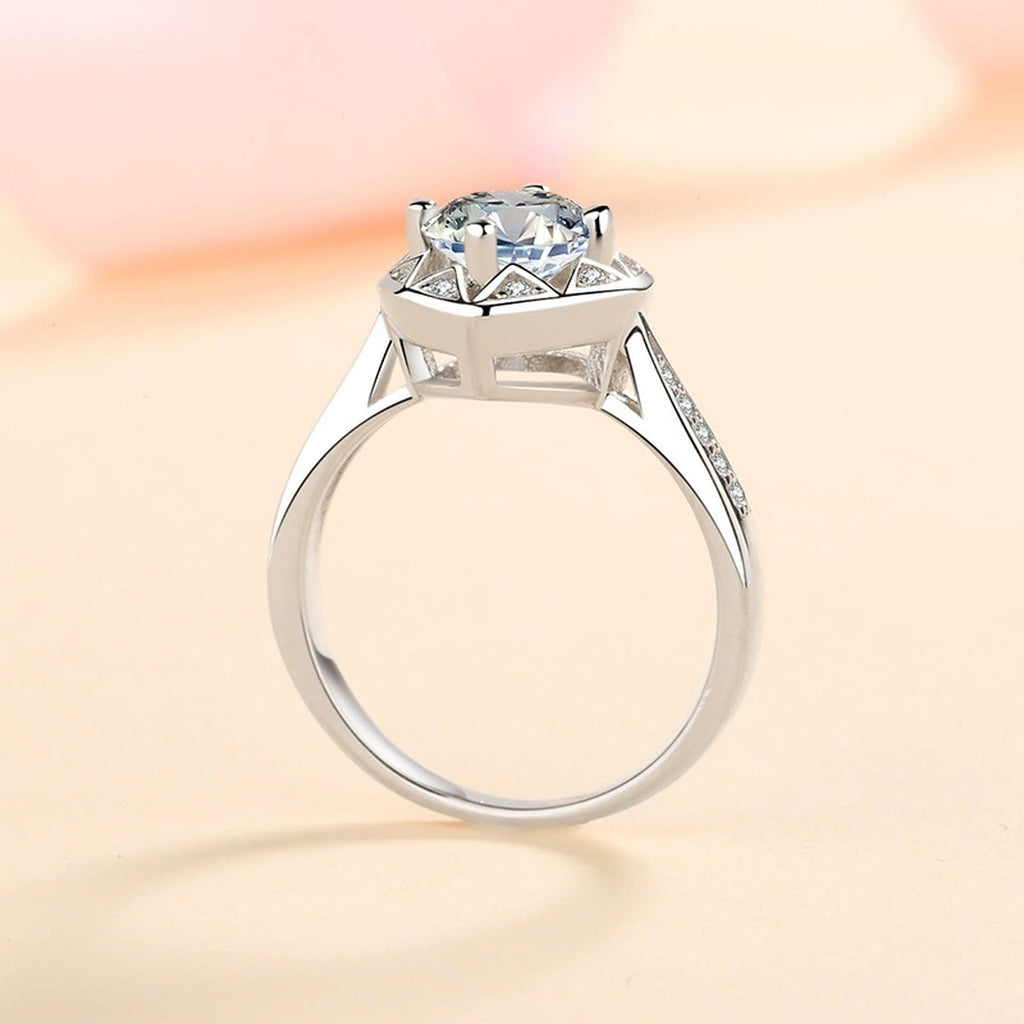 Round Heart Halo Moissanite Ring with CZ product view showing moissanite setting and metal finish