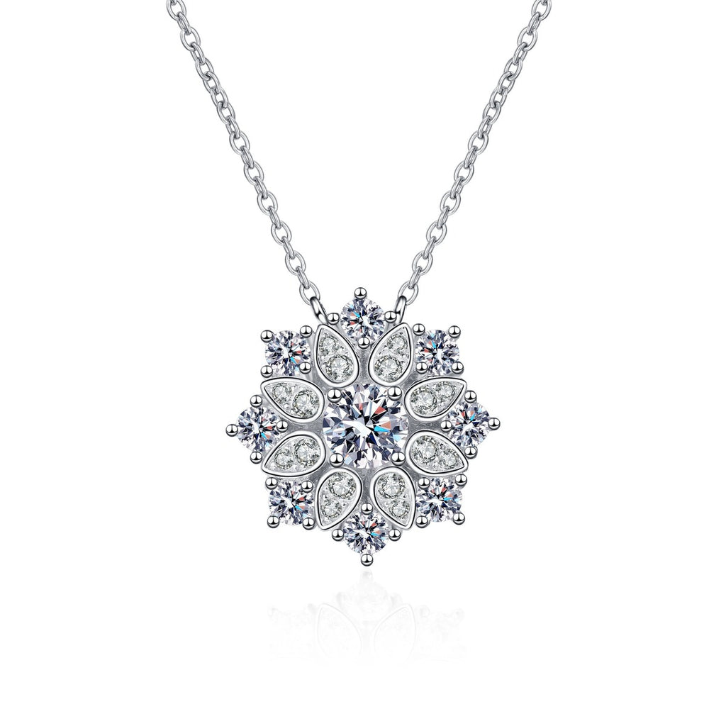 Sunflower Moissanite Pendant Necklace with CZ in Rhodium-Plated S925 sterling silver on white background showing pendant shape and round moissanite