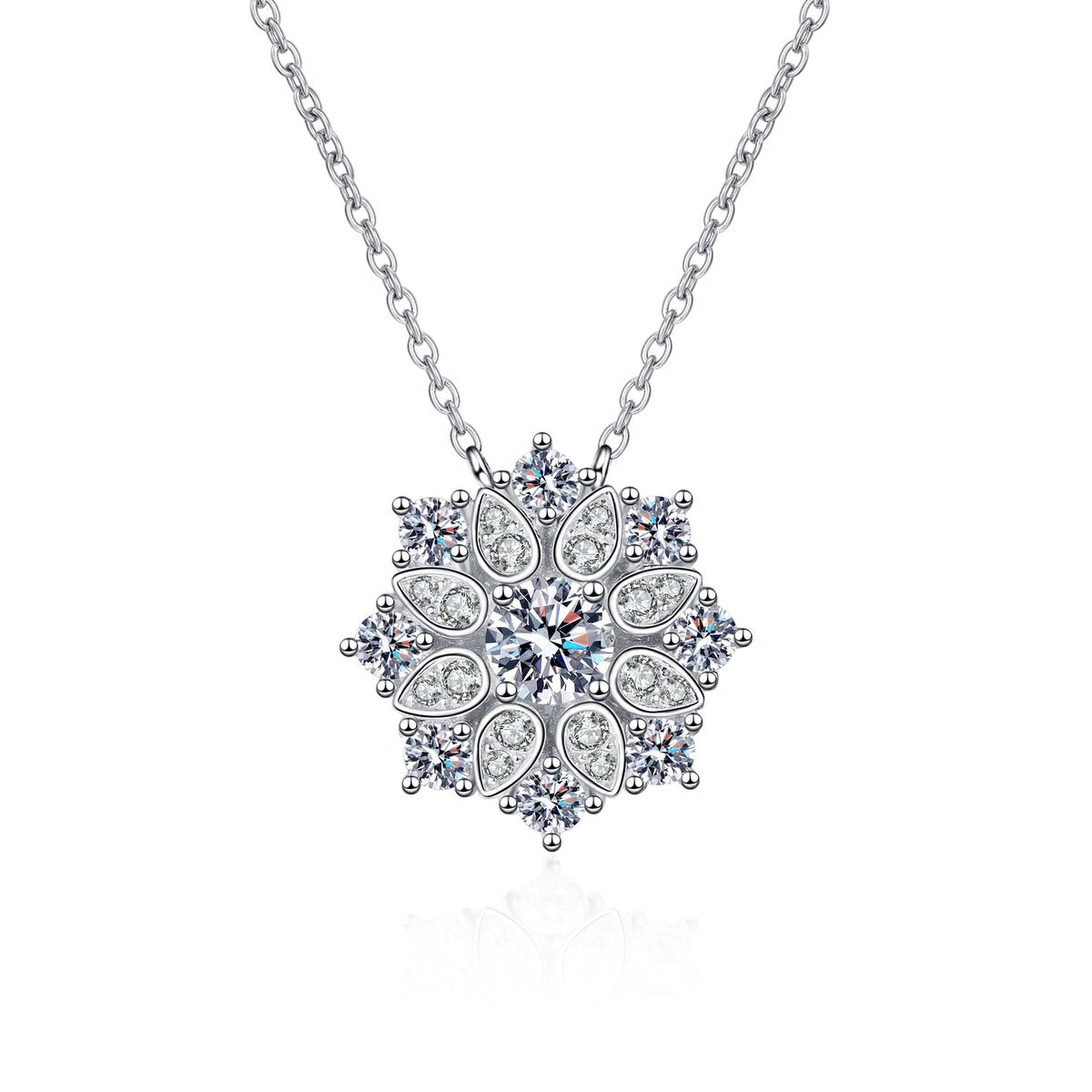 Sunflower Moissanite Pendant Necklace with CZ in Rhodium-Plated S925 sterling silver on white background showing pendant shape and round moissanite