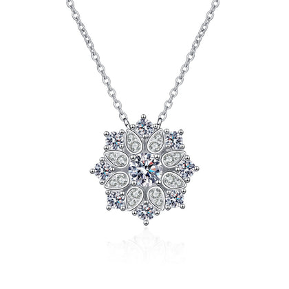 Sunflower Moissanite Pendant Necklace with CZ in Rhodium-Plated S925 sterling silver on white background showing pendant shape and round moissanite