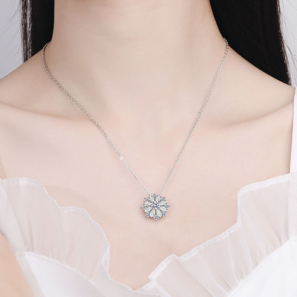 Sunflower Moissanite Pendant Necklace with CZ in Rhodium-Plated S925 sterling silver worn on neckline by model showing scale and adjustable chain styling