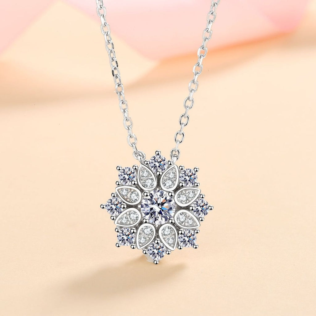 Sunflower Moissanite Pendant Necklace with CZ in Rhodium-Plated S925 sterling silver product scene view showing pendant detail