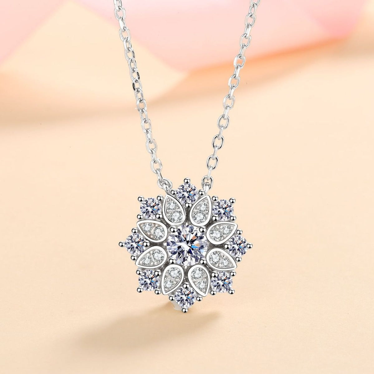 Sunflower Moissanite Pendant Necklace with CZ in Rhodium-Plated S925 sterling silver product scene view showing pendant detail