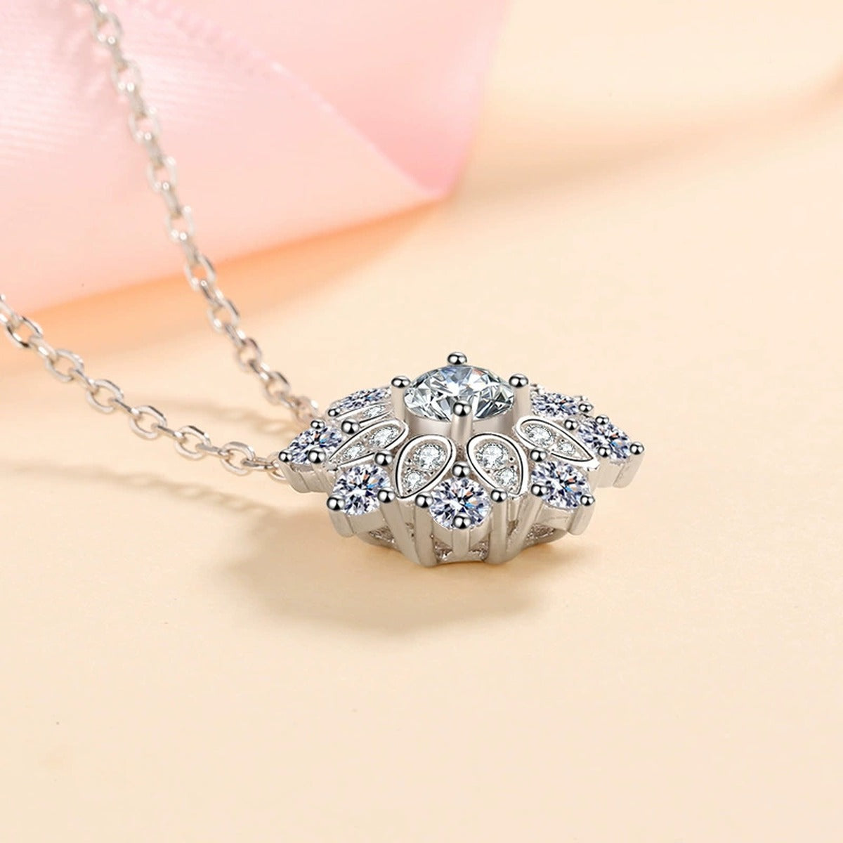 Sunflower Moissanite Pendant Necklace with CZ in Rhodium-Plated S925 sterling silver product scene view showing chain and setting detail