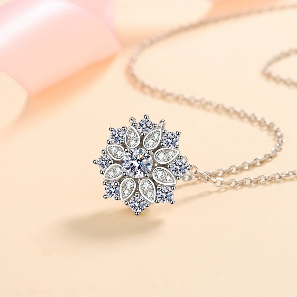 Sunflower Moissanite Pendant Necklace with CZ in Rhodium-Plated S925 sterling silver product scene view showing angled sparkle