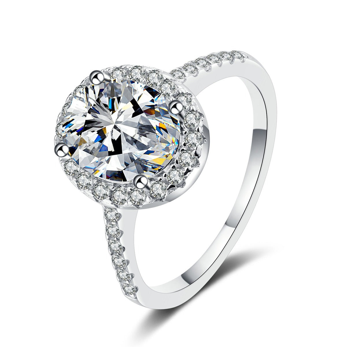Oval Moissanite Ring with CZ in Rhodium-Plated S925 Sterling Silver clean white background product photo showing the ring silhouette and moissanite setting