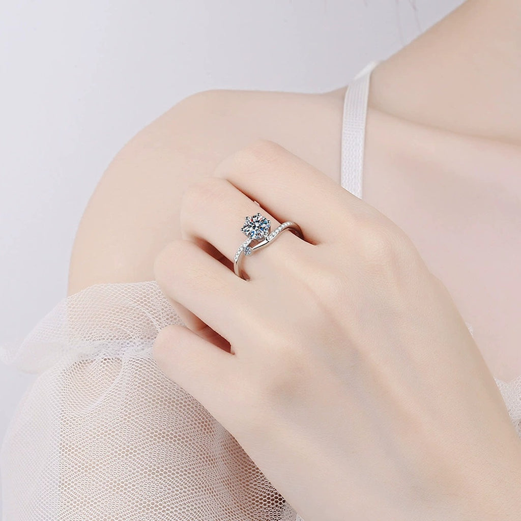 Round Moissanite Side Stone Ring with CZ in Rhodium-Plated S925 Sterling Silver worn on hand, showing scale, finger coverage, and rhodium-plated finish