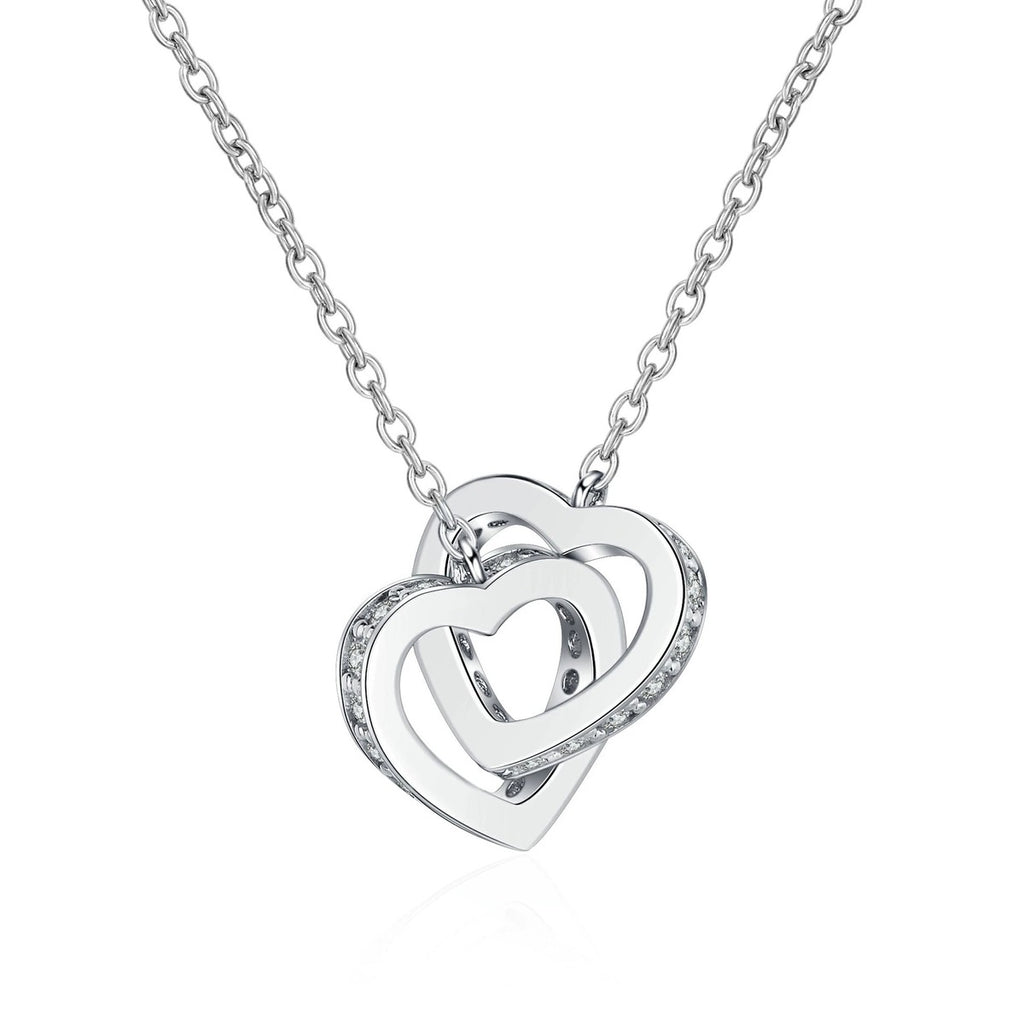 Linked Heart Moissanite Pendant Necklace in Rhodium and Rose Gold-Plated S925 sterling silver on white background showing pendant shape and round moissanite