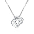 Linked Heart Moissanite Pendant Necklace in Rhodium and Rose Gold-Plated S925 sterling silver on white background showing pendant shape and round moissanite