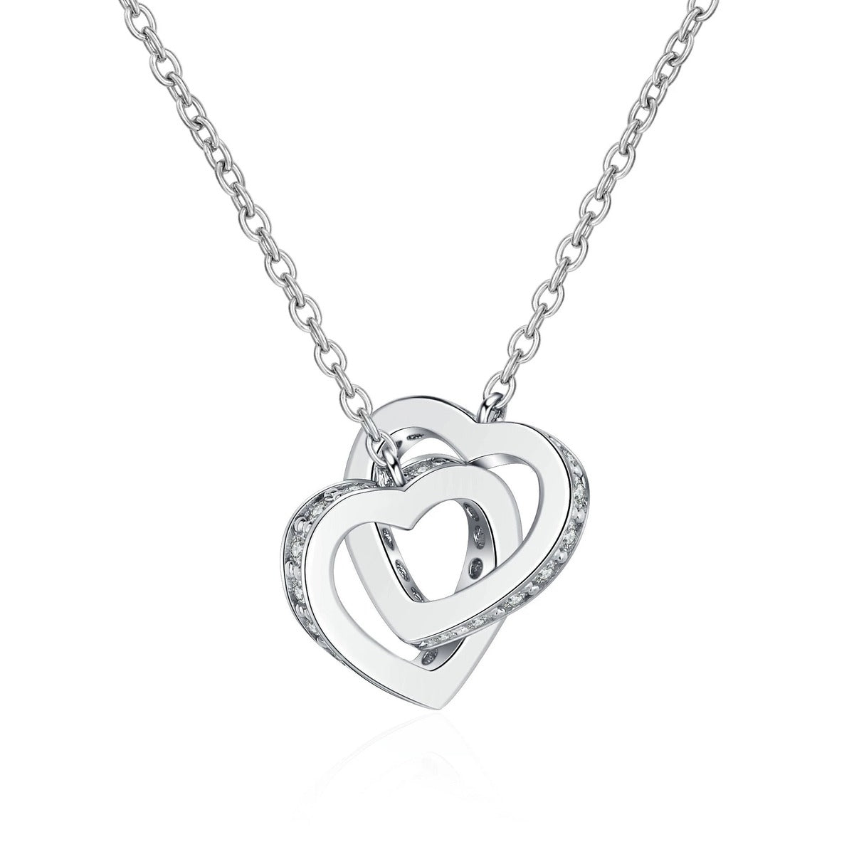 Linked Heart Moissanite Pendant Necklace in Rhodium and Rose Gold-Plated S925 sterling silver on white background showing pendant shape and round moissanite