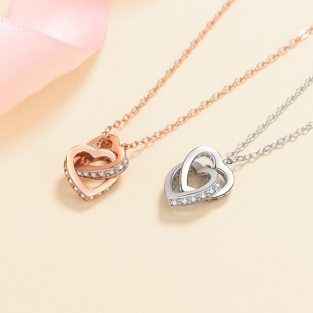 Linked Heart Moissanite Pendant Necklace in Rhodium and Rose Gold-Plated S925 sterling silver product scene view showing chain and setting detail