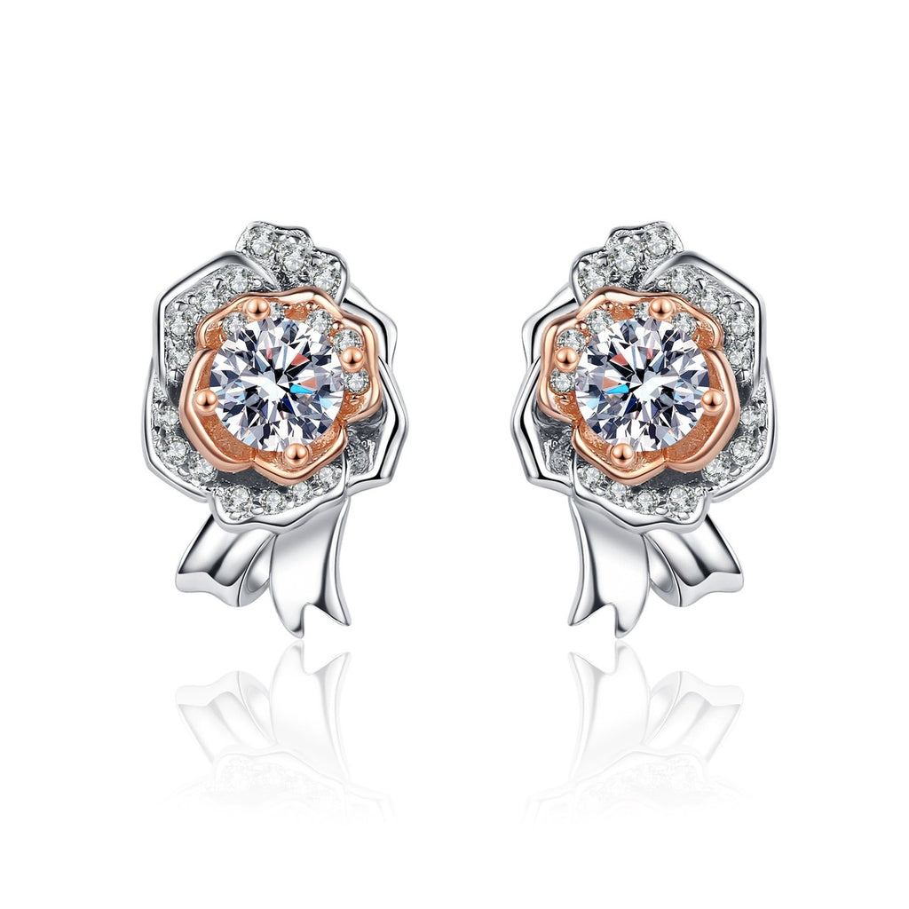 Round Moissanite Stud Earrings with CZ in Rhodium and Champion Gold-Plated S925 sterling silver white background product photo showing the pair, stone shape, and stud earrings silhouette