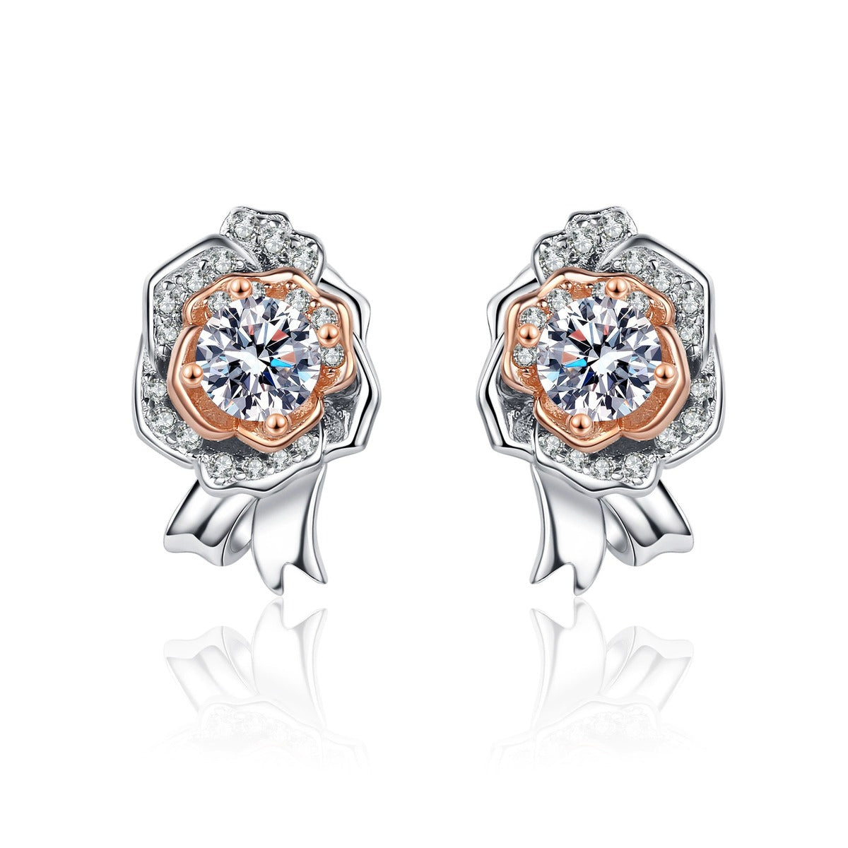 Round Moissanite Stud Earrings with CZ in Rhodium and Champion Gold-Plated S925 sterling silver white background product photo showing the pair, stone shape, and stud earrings silhouette