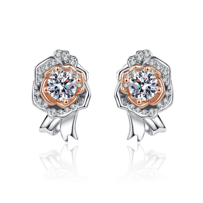 Round Moissanite Stud Earrings with CZ in Rhodium and Champion Gold-Plated S925 sterling silver white background product photo showing the pair, stone shape, and stud earrings silhouette