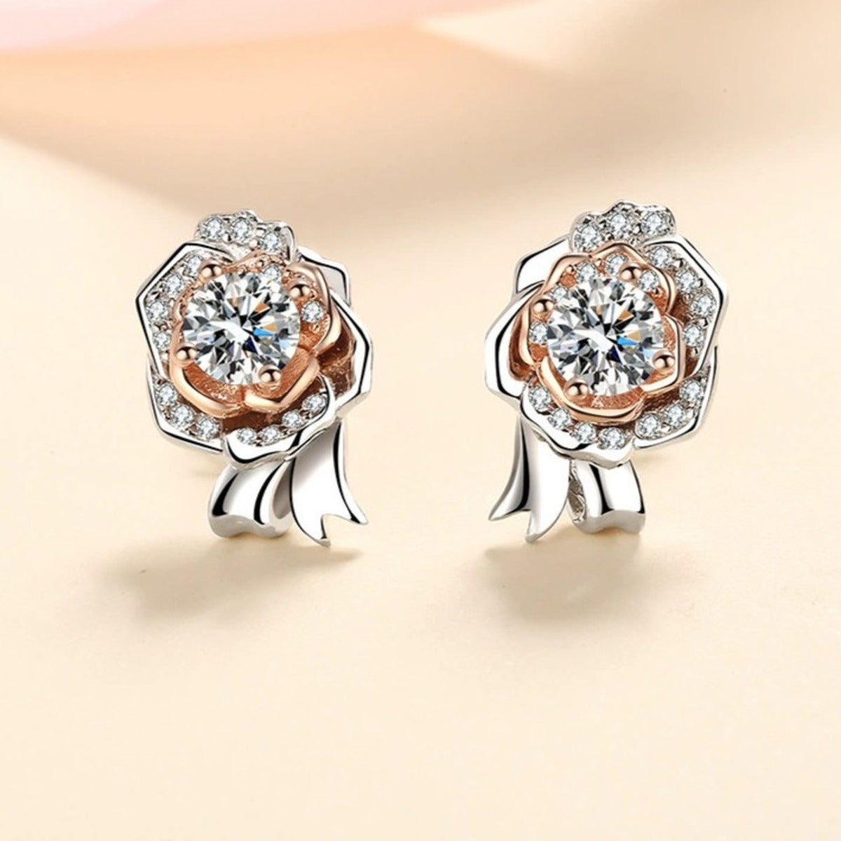 Round Moissanite Stud Earrings with CZ in Rhodium and Champion Gold-Plated S925 sterling silver product scene view showing front sparkle