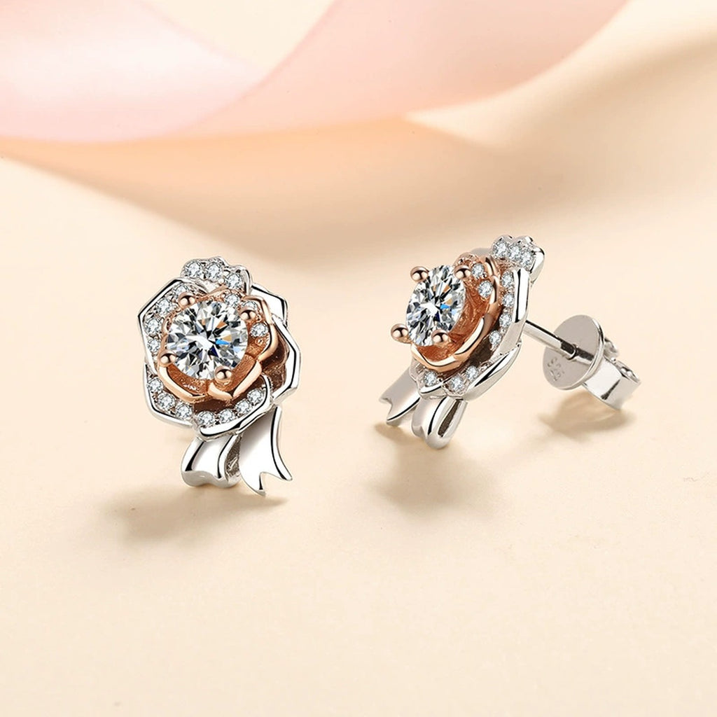 Round Moissanite Stud Earrings with CZ in Rhodium and Champion Gold-Plated S925 sterling silver product scene view showing angled setting detail