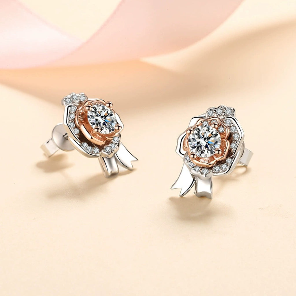 Round Moissanite Stud Earrings with CZ in Rhodium and Champion Gold-Plated S925 sterling silver product scene view showing side profile