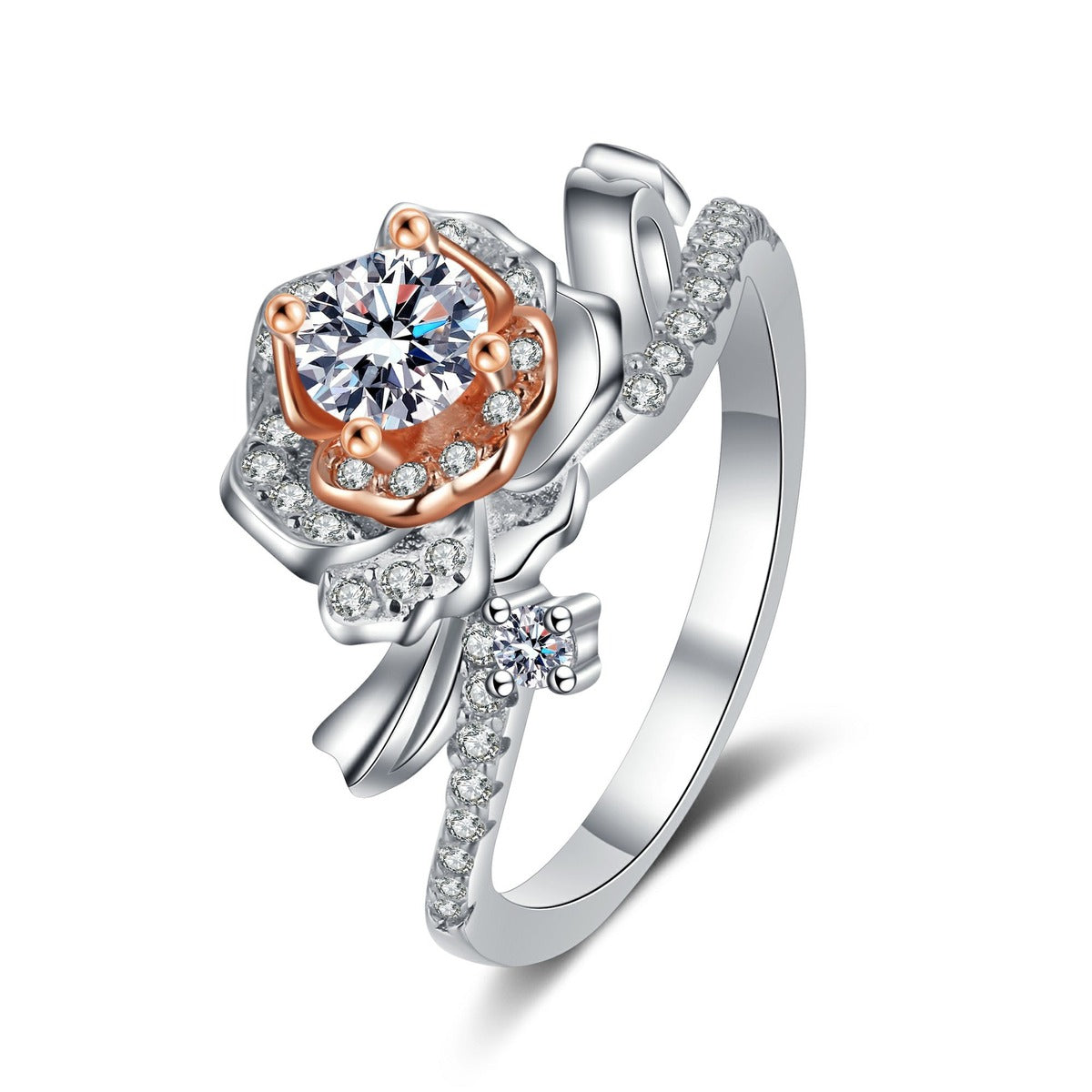 Floral Moissanite Ring with CZ in Rhodium-Plated S925 Sterling Silver clean white background product photo showing the ring silhouette and moissanite setting