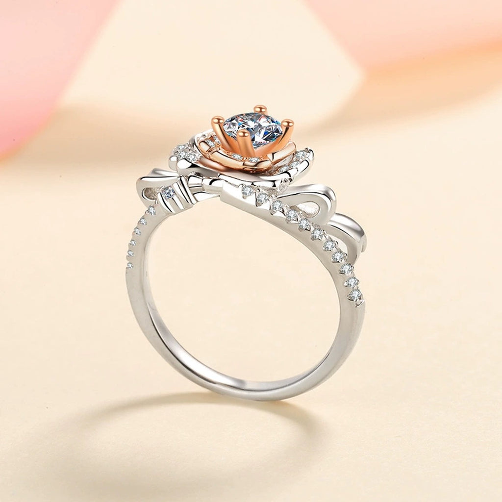 Floral Moissanite Ring with CZ in Rhodium-Plated S925 Sterling Silver studio product angle showing the ring setting, stone detail, and band design