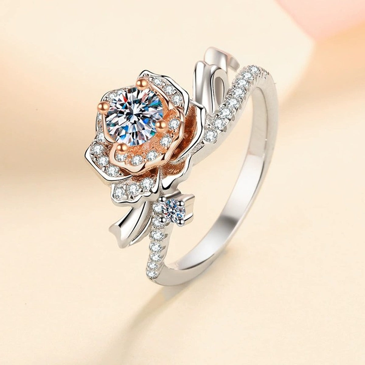 Floral Moissanite Ring with CZ in Rhodium-Plated S925 Sterling Silver studio product angle showing the ring setting, stone detail, and band design