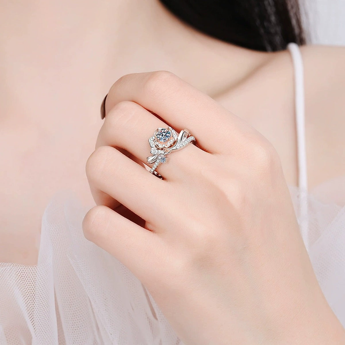 Floral Moissanite Ring with CZ in Rhodium-Plated S925 Sterling Silver worn on hand, showing scale, finger coverage, and rhodium-plated finish