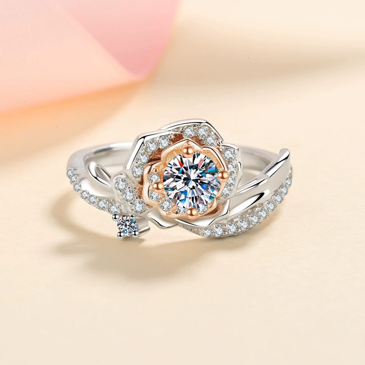 Floral Moissanite Ring with CZ in Rhodium-Plated S925 Sterling Silver studio product angle showing the ring setting, stone detail, and band design