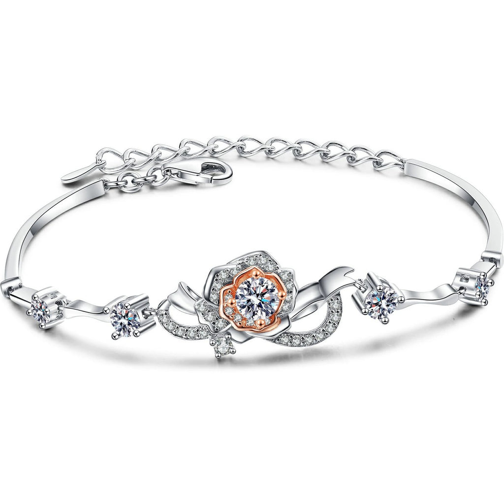 Rose Moissanite Adjustable Bracelet with CZ in Rhodium-Plated S925 sterling silver white background product photo showing bracelet shape and moissanite setting