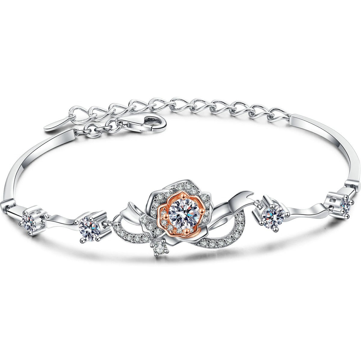 Rose Moissanite Adjustable Bracelet with CZ in Rhodium-Plated S925 sterling silver white background product photo showing bracelet shape and moissanite setting