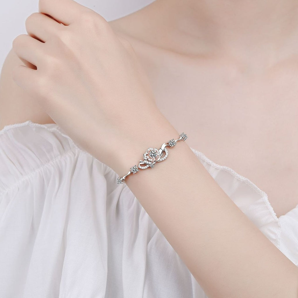 Rose Moissanite Adjustable Bracelet with CZ in Rhodium-Plated S925 sterling silver worn on wrist model view showing scale and adjustable fit
