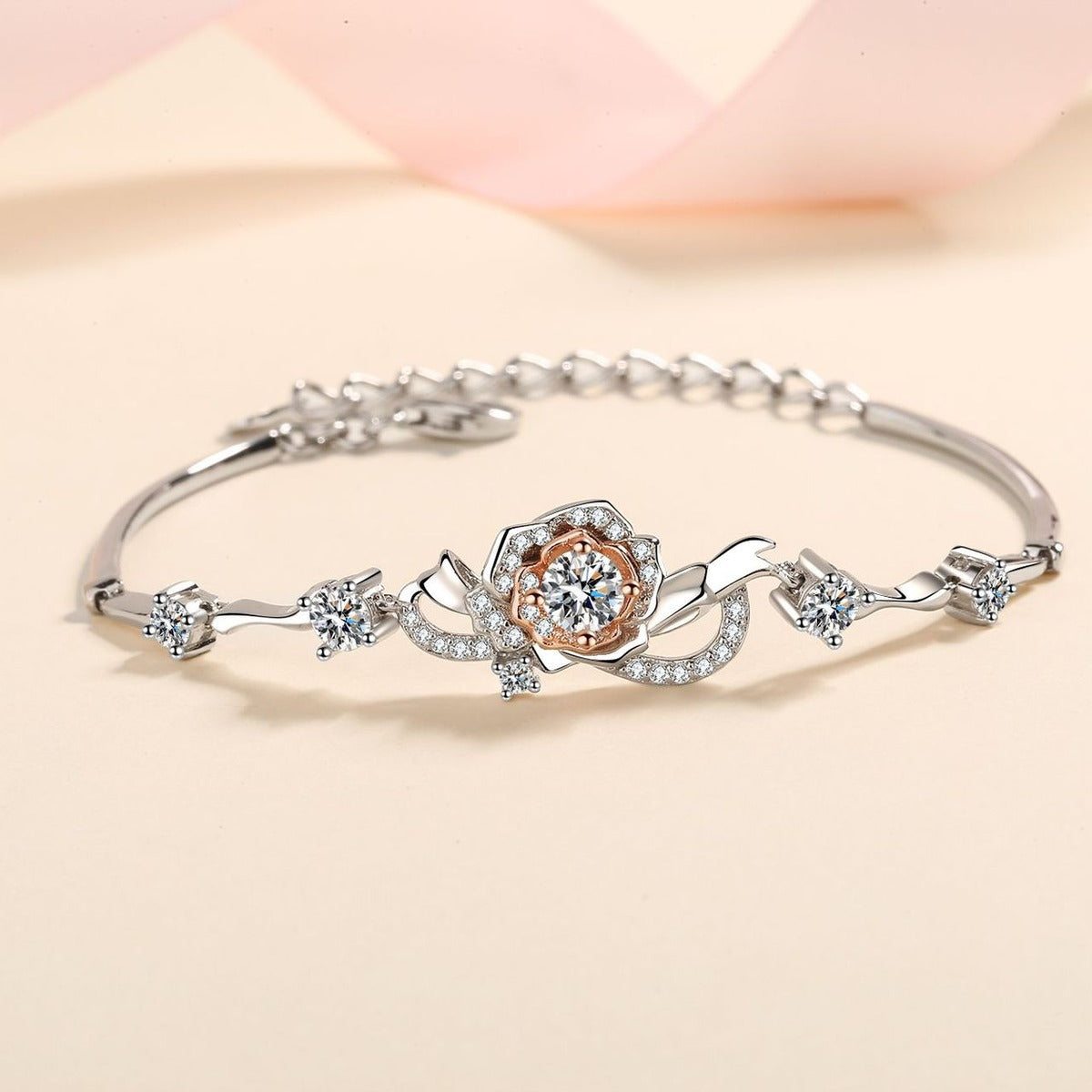 Rose Moissanite Adjustable Bracelet with CZ in Rhodium-Plated S925 sterling silver styled product scene showing stone sparkle and chain detail