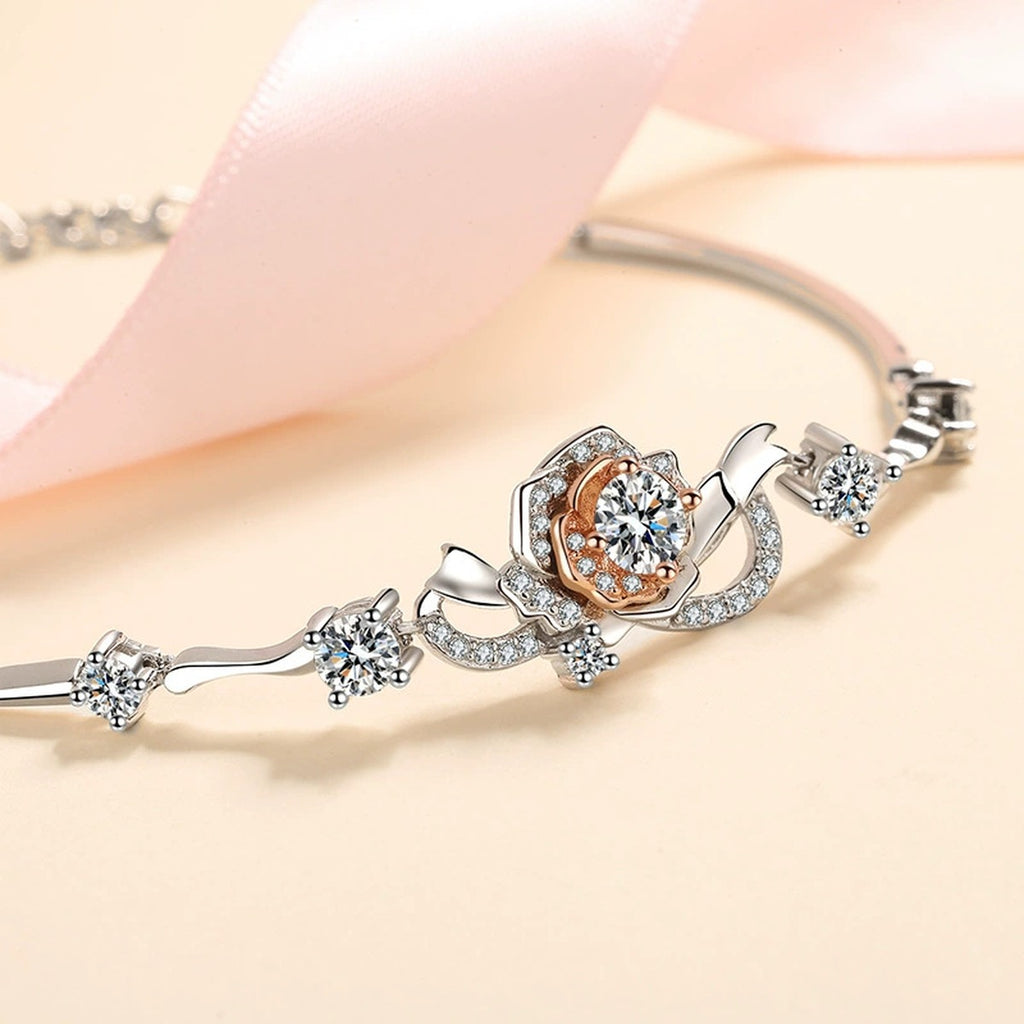 Rose Moissanite Adjustable Bracelet with CZ in Rhodium-Plated S925 sterling silver close-up bracelet detail view showing clasp and motif