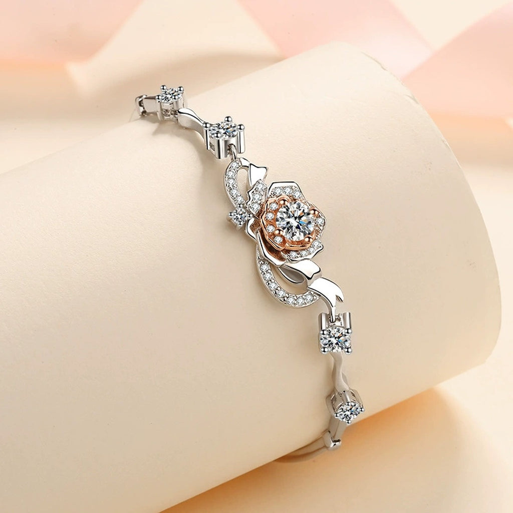 Rose Moissanite Adjustable Bracelet with CZ in Rhodium-Plated S925 sterling silver angled product display showing bracelet silhouette