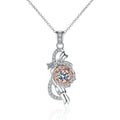 Bow Rose Moissanite Pendant Necklace with CZ in Rhodium and Rose Gold-Plated S925 sterling silver on white background showing pendant shape and round moissanite