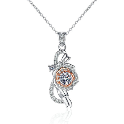 Bow Rose Moissanite Pendant Necklace with CZ in Rhodium and Rose Gold-Plated S925 sterling silver on white background showing pendant shape and round moissanite